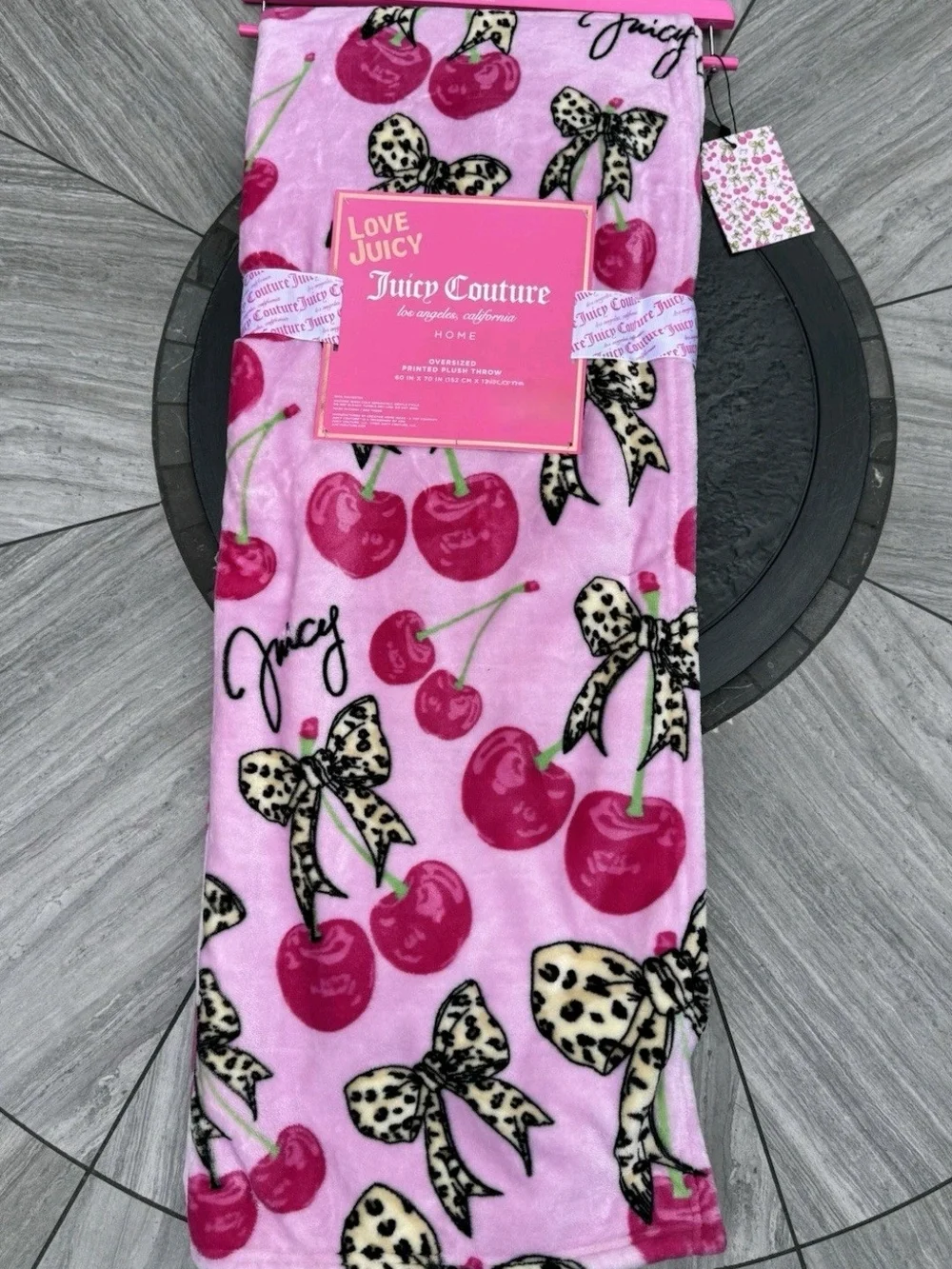 Juicy Couture Pink Cherry & Leopard Bow Plush Ovetsized Throw Blanket